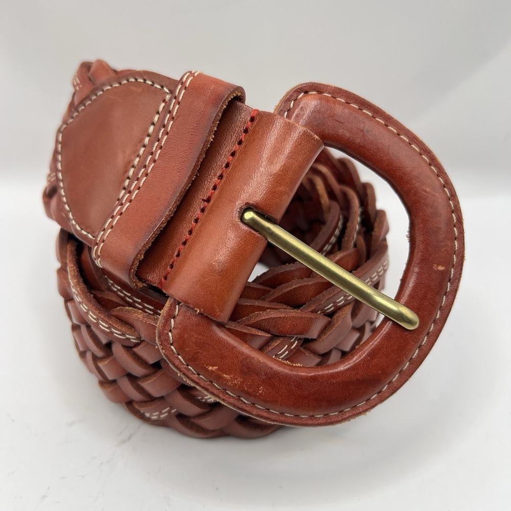 Lines Pelle Leather Woven Handmade Belt Brown Contrast Stitching M Boho Western